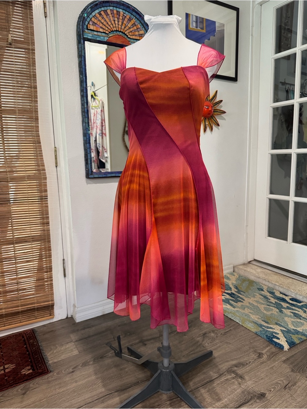Off-Shoulder Midi Dress in Pink and Orange
